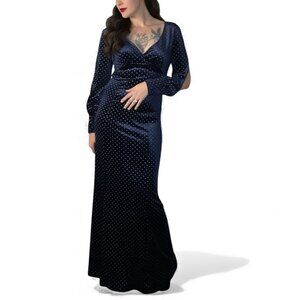 Unique Vintage Sharon Blue Velvet Silver Studded Maxi Dress Split Sleeve M 6-8